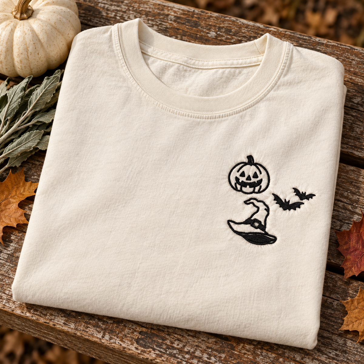 Folded Ivory Halloween T-shirt displaying black pumpkin, bats, and witch hat embroidery.