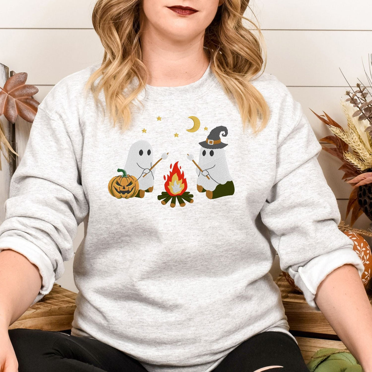 Campfire ghost embroidered Halloween sweatshirt, additional product view