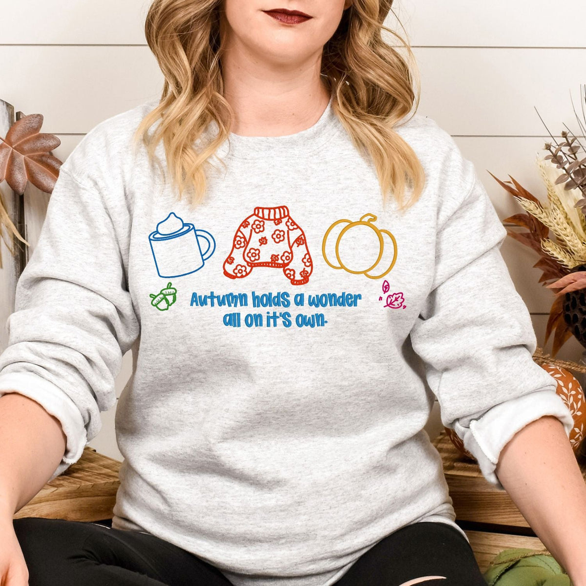 Cozy Autumn pumpkin coffee embroidered sweatshirt, additional product view