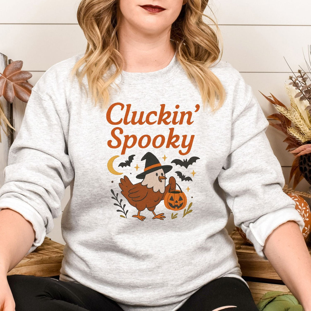 Cluckin Spooky chicken embroidered Halloween sweatshirt, additional product view