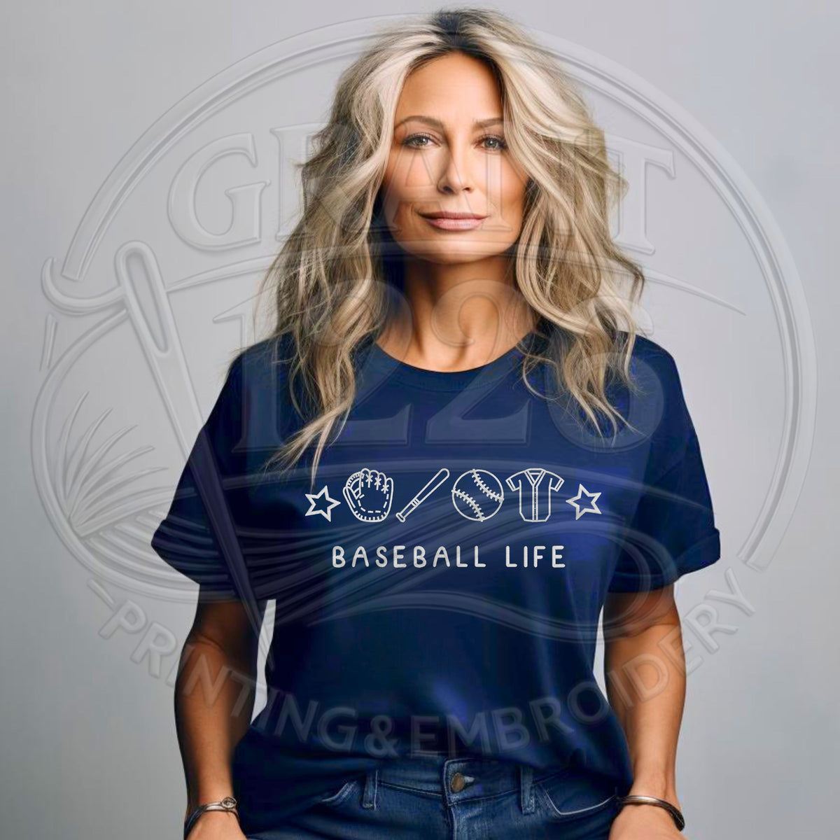 Womens navy blue baseball life embroidered Comfort Colors tee