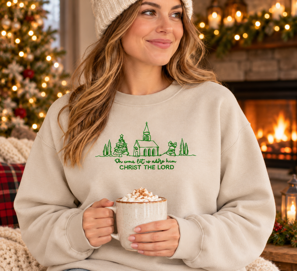 Sand Christ the Lord embroidered Christmas sweatshirt on decorated Christmas porch
