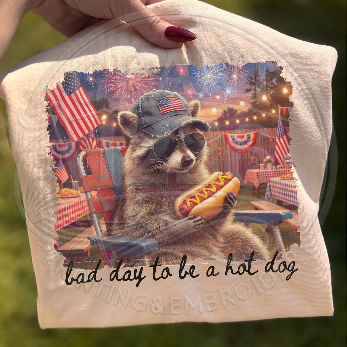 Close up of funny raccoon 4th of July graphic shirt