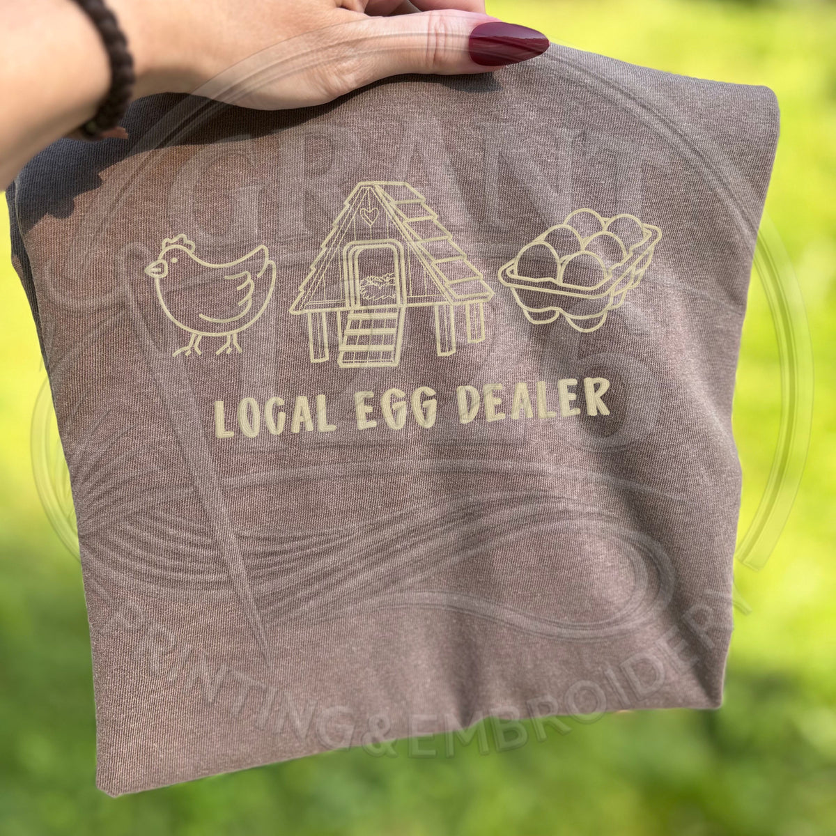 Earth-tone Local Egg Dealer embroidered chicken shirt styled for farm life
