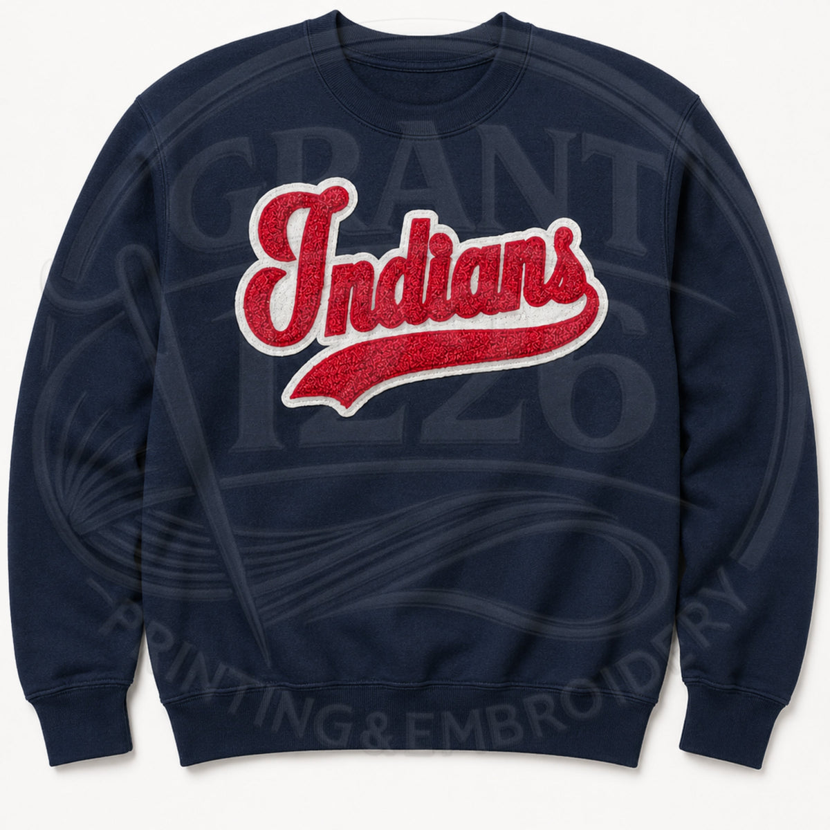 Navy Gildan sweatshirt with customizable Indians glitter vinyl and embroidered detail.