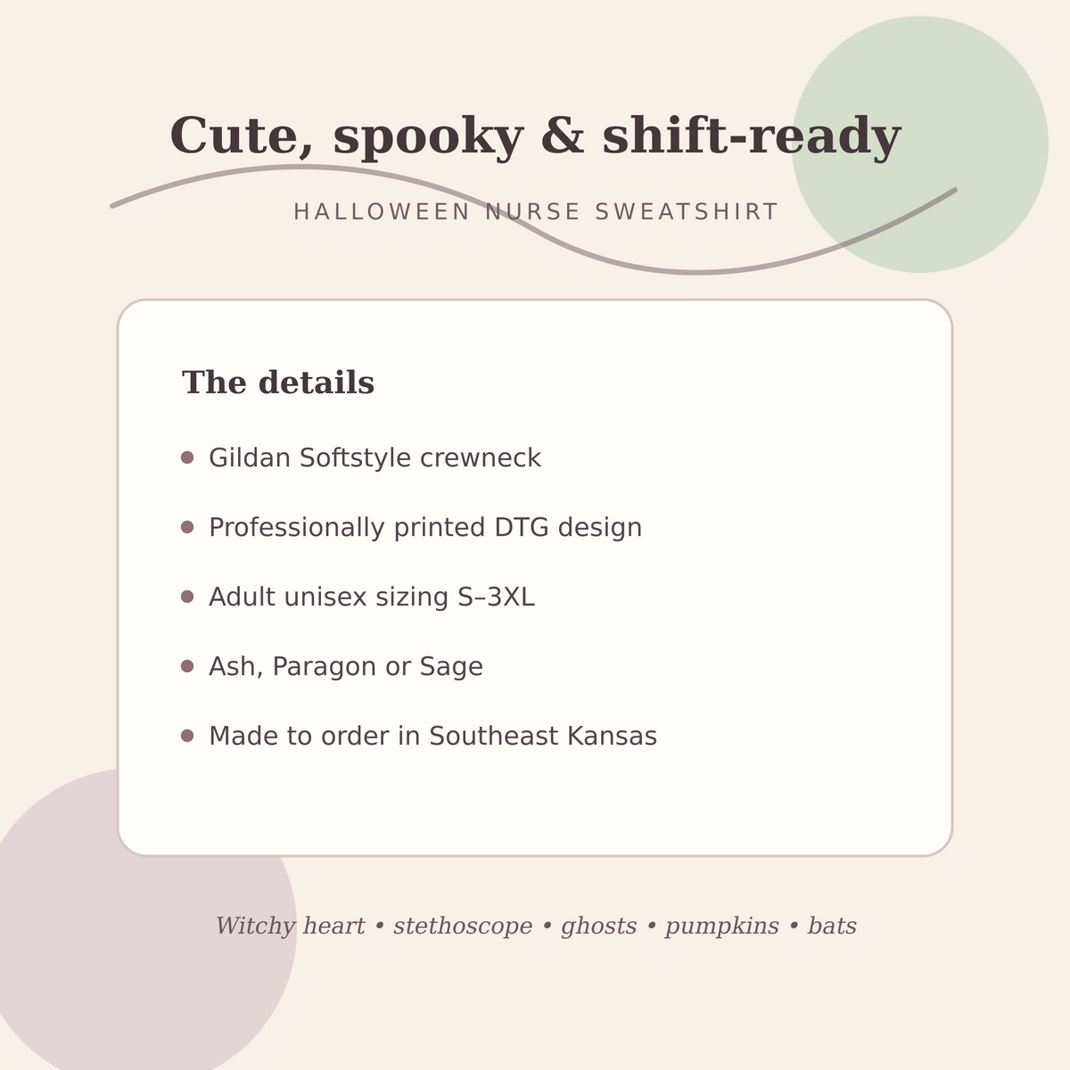 Product details for the cute Halloween nurse sweatshirt, including Gildan Softstyle crewneck, DTG printing, adult sizes S to 3XL, and color choices