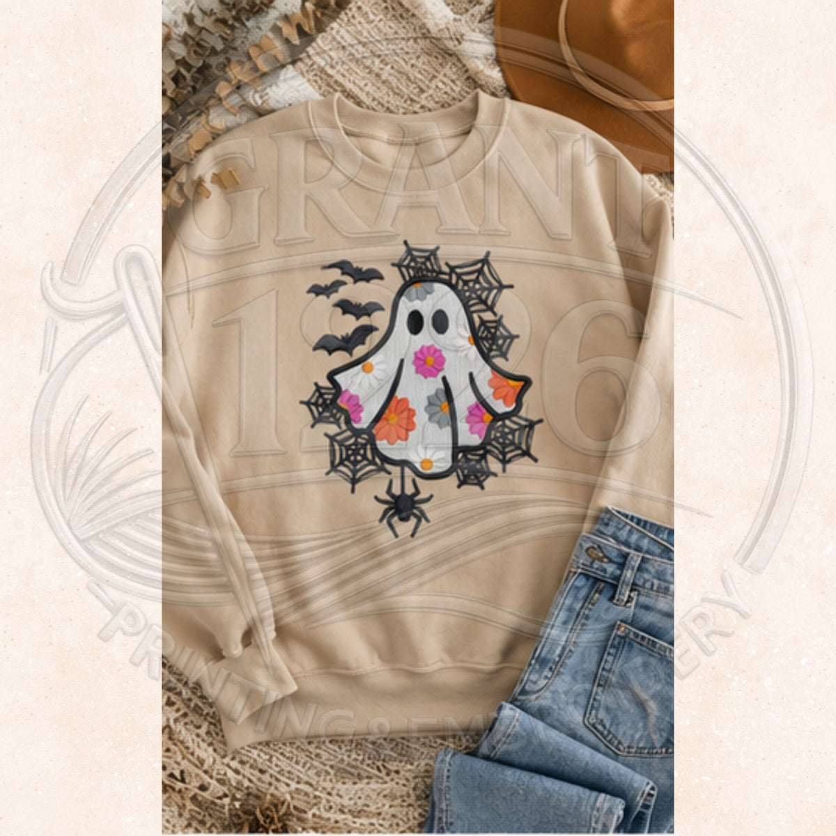 Sand floral ghost embroidered Halloween sweatshirt fall flat lay