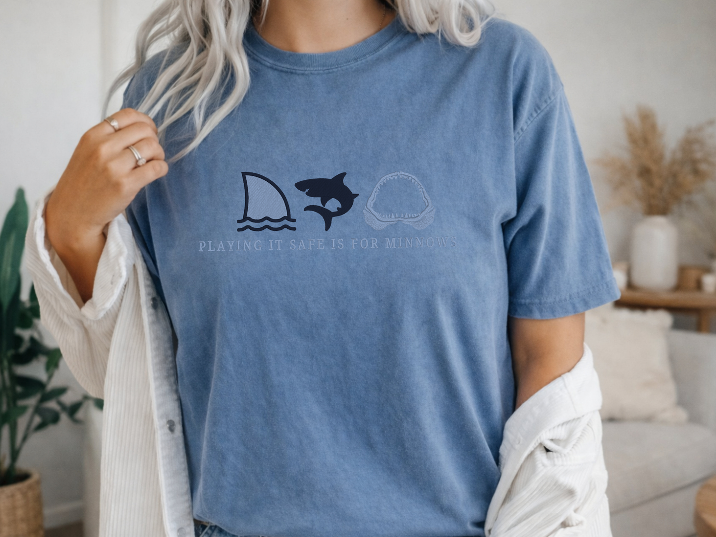 embroidered shark week blue t-shirt