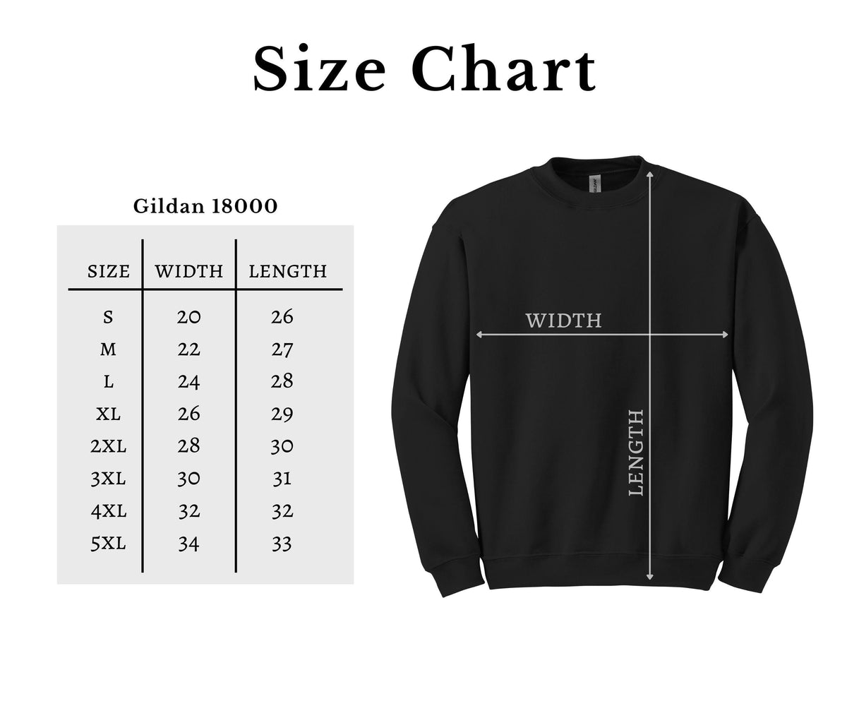 Gildan 18000 Heavy Blend sweatshirt size chart for adult S through 3XL