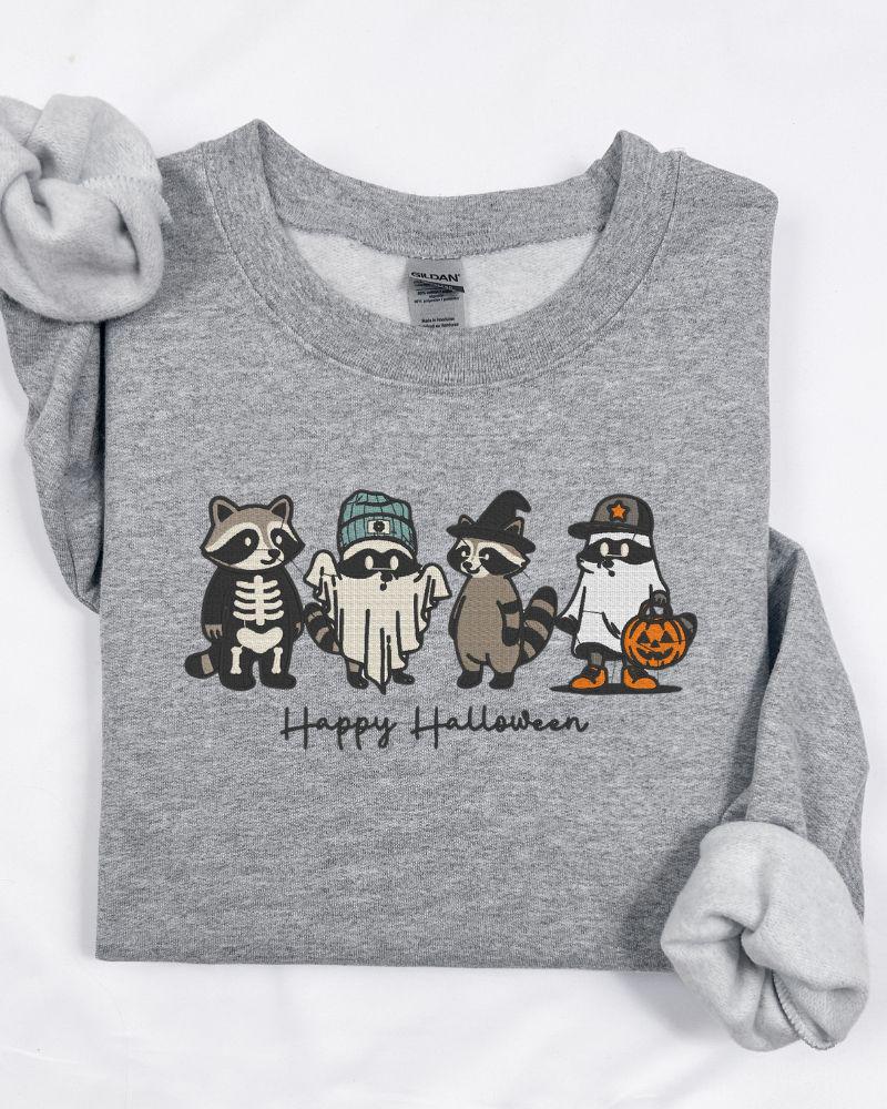 Sport Grey Gildan Heavy Blend embroidered raccoon Halloween sweatshirt with spooky costume design