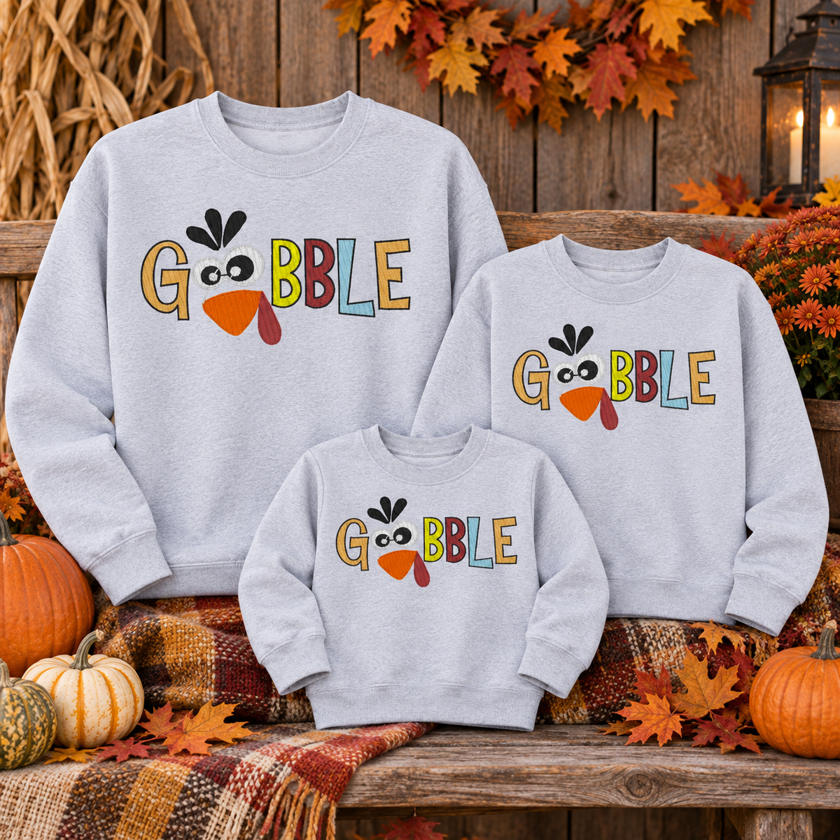 Matching Sport Grey Gobble turkey sweatshirts in adult youth and toddler sizes