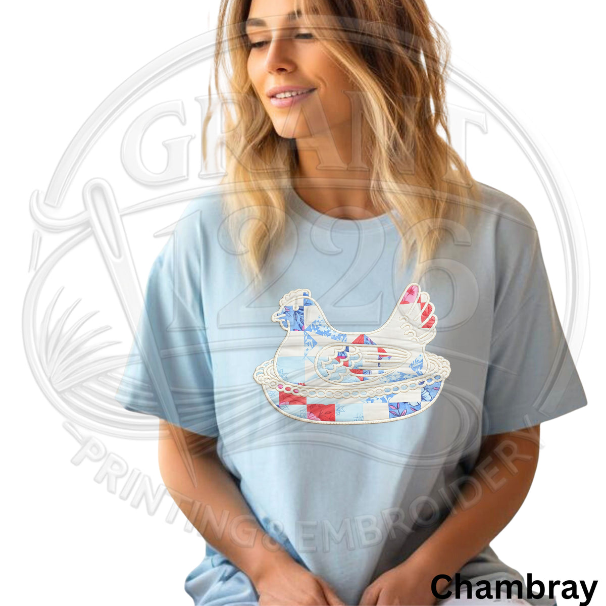 Chambray embroidered hen on nest patchwork shirt