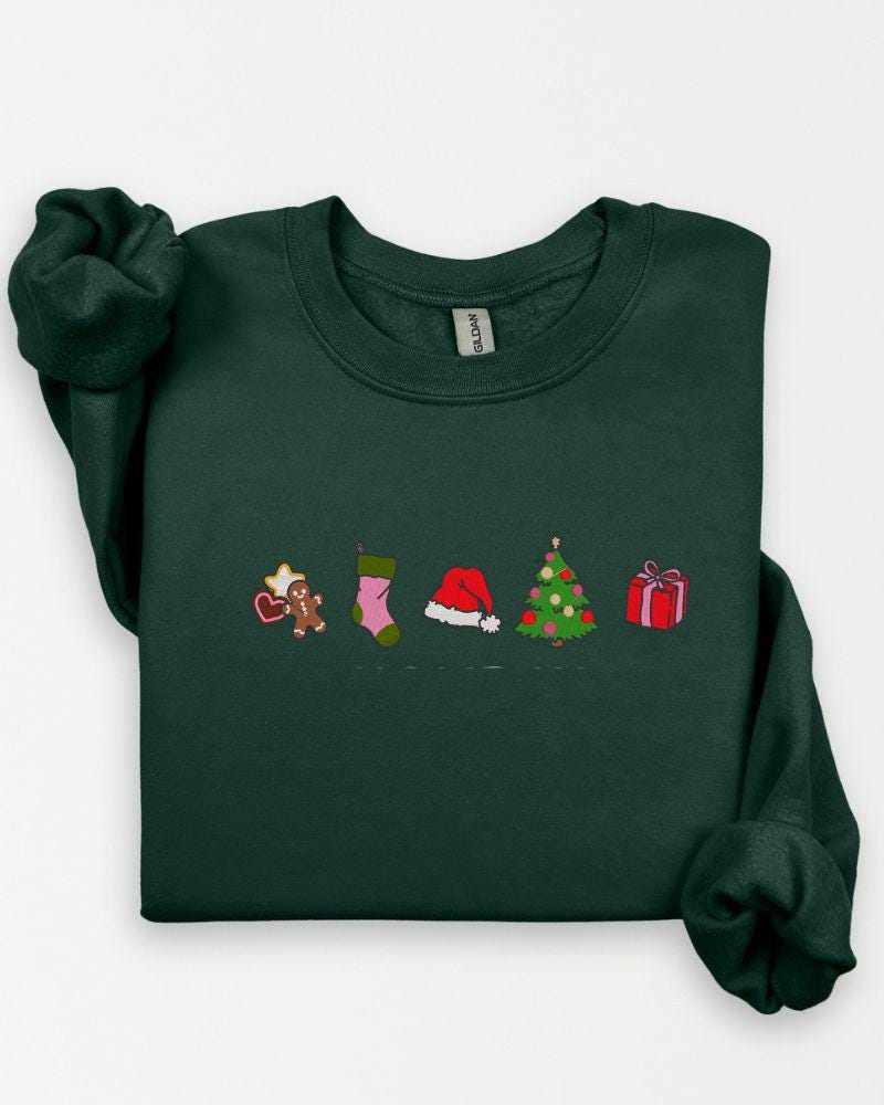 Christmas Classic Icons Embroidered Sweatshirt – Gingerbread Stocking Santa Hat Tree Gift Crewneck – Cozy Holiday Sweater Gift
