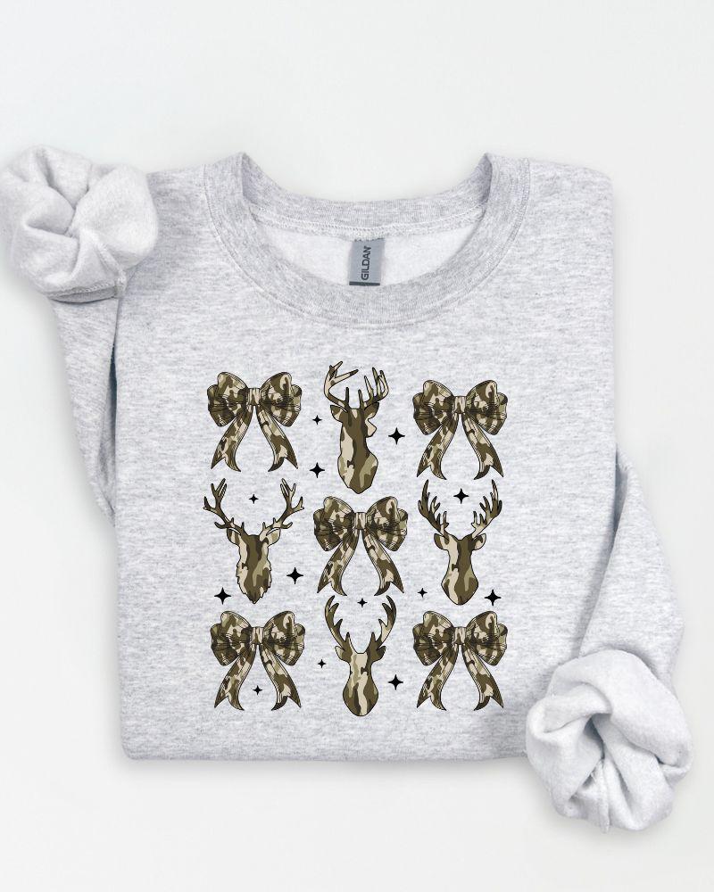 Ash camo deer and bow graphic sweatshirt flat lay