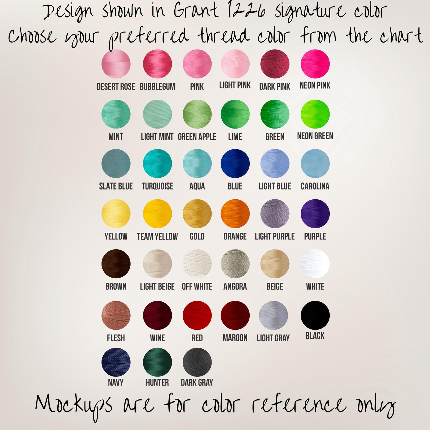 Embroidery thread color chart for Wifey sweatshirt, choose preferred thread color, embroidery color reference guide