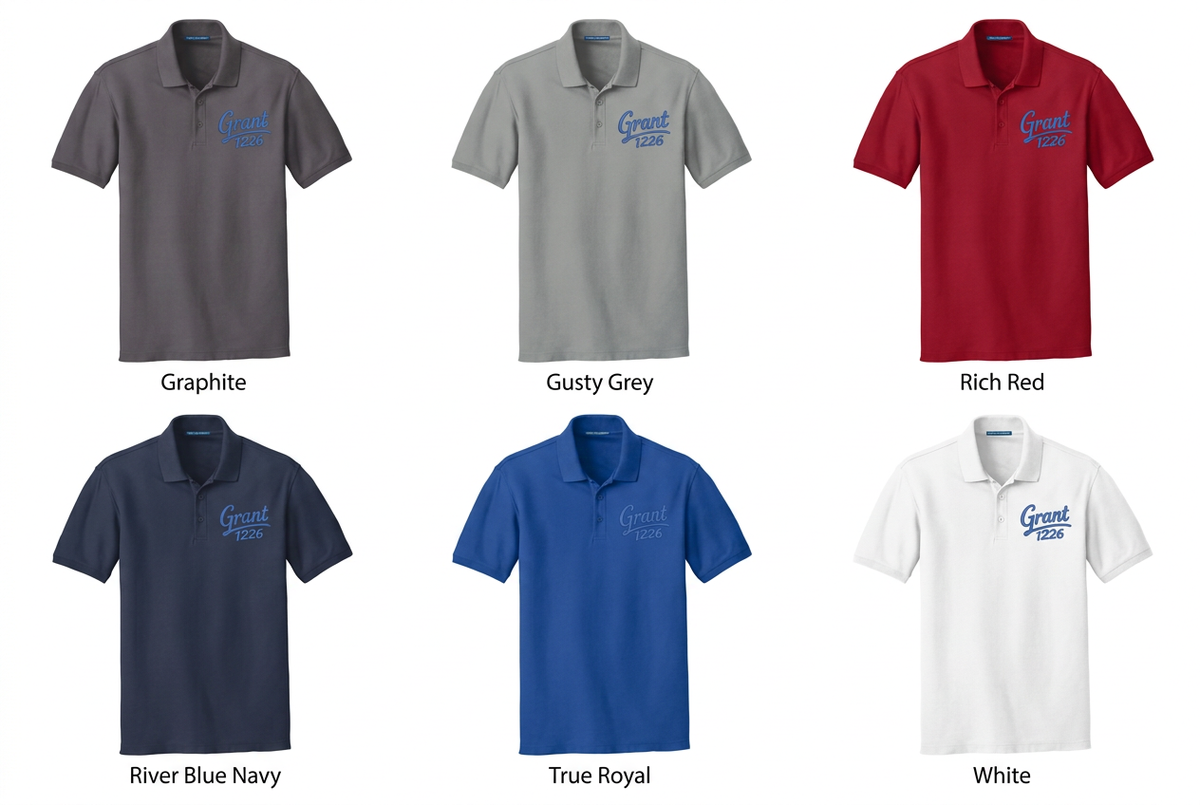 Embroidered-logo polo mockups in Graphite, Gusty Grey, Rich Red, River Blue Navy, True Royal, and White