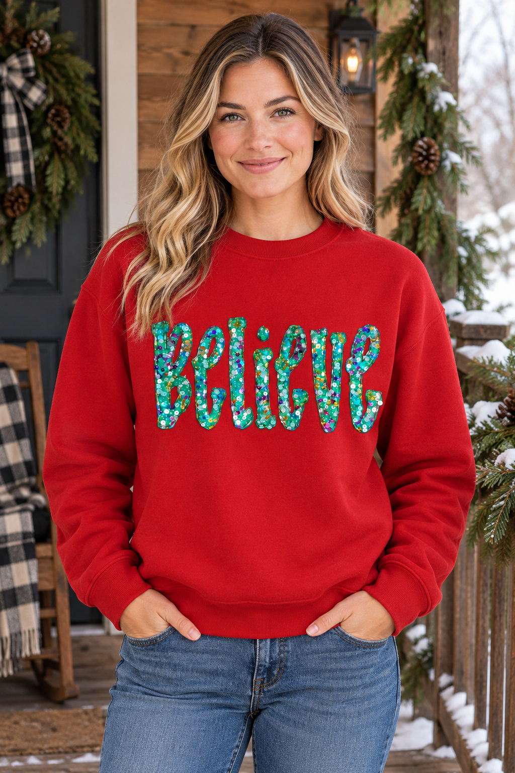 Winter porch mockup of a model wearing a red Believe sequin Christmas sweatshirt