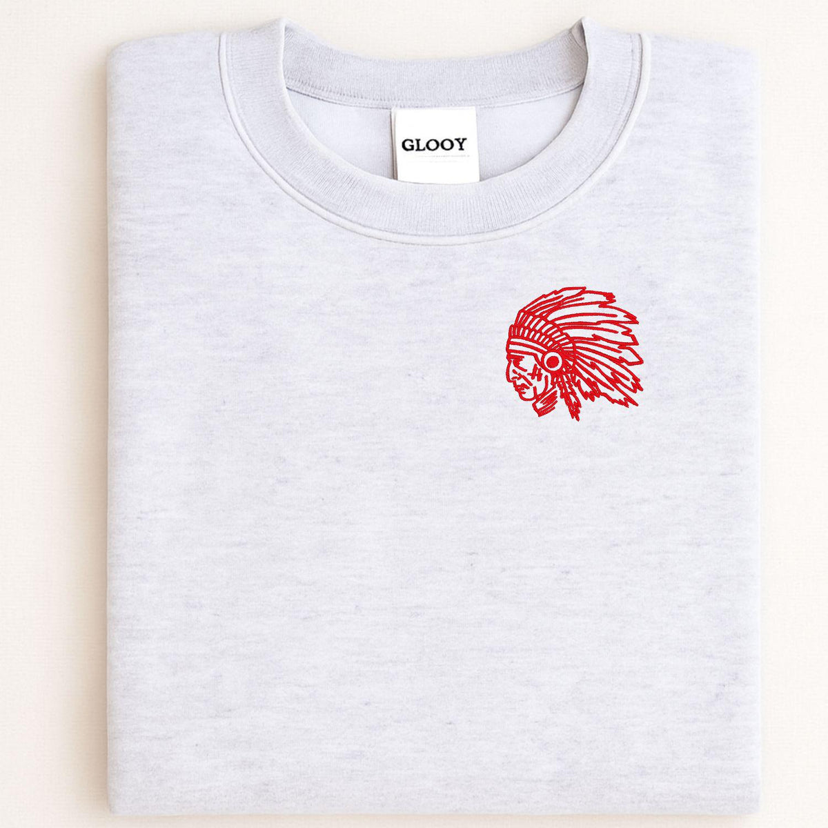 Sport gray headdress mascot embroidered crewneck folded for a front view