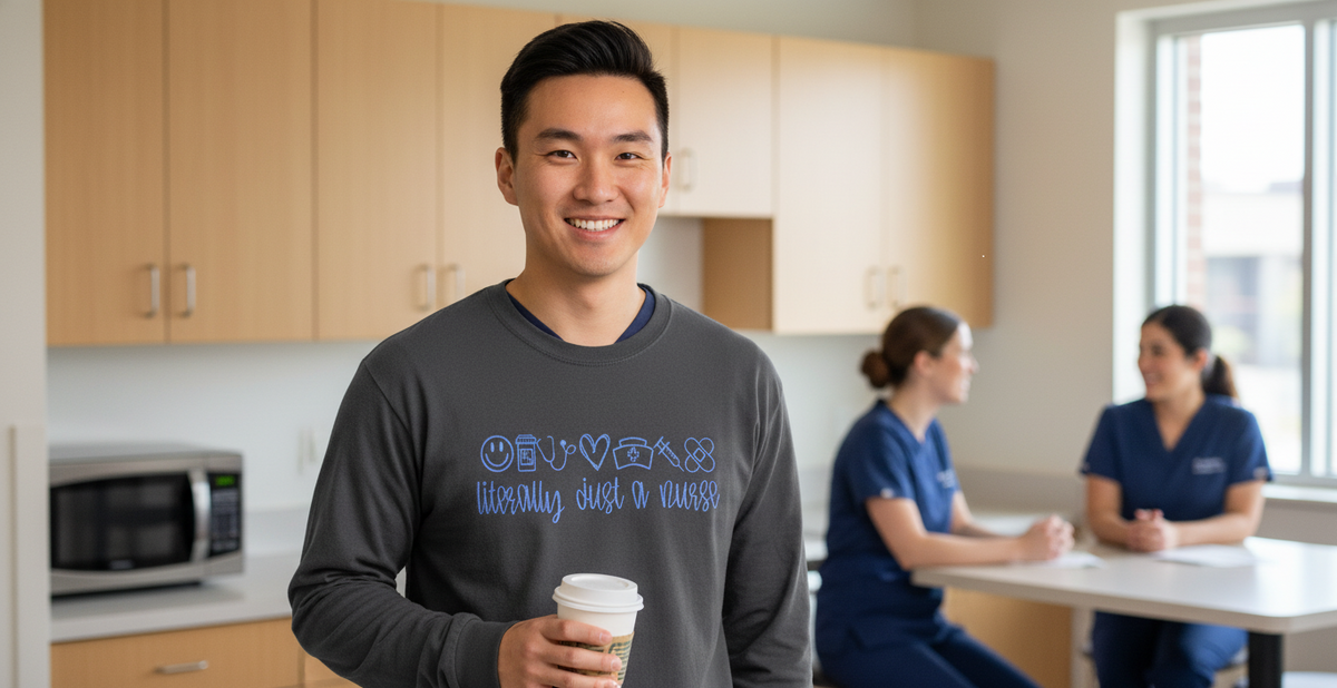 Embroidered Comfort Colors nurse t-shirt modeled by healthcare worker in clinic setting