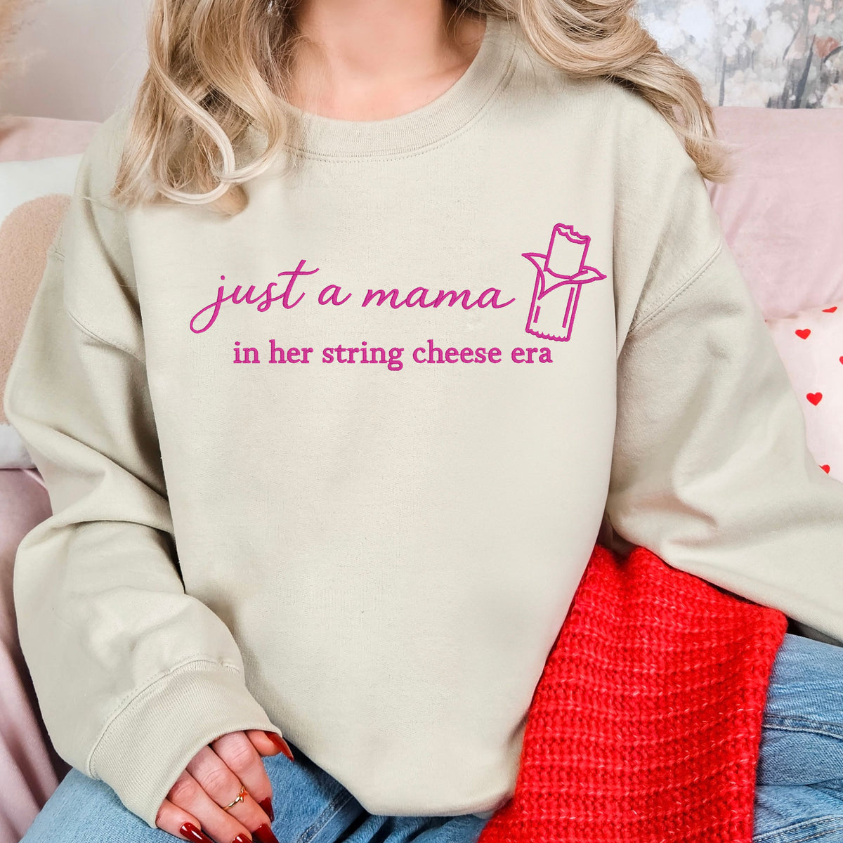 Woman wearing mama embroidered crewneck sweatshirt sand
