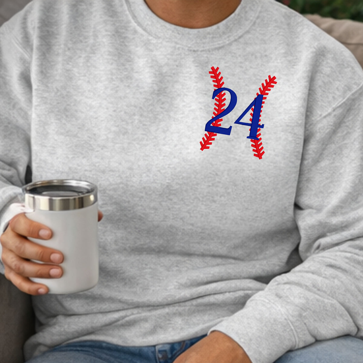 Classic left chest embroidery placement on custom baseball sweatshirt
