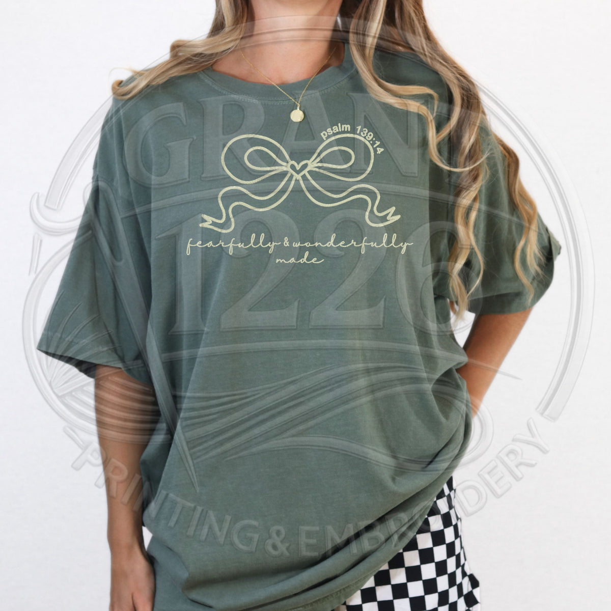Moss Comfort Colors Fearfully and Wonderfully Made embroidered Psalm 139 shirt