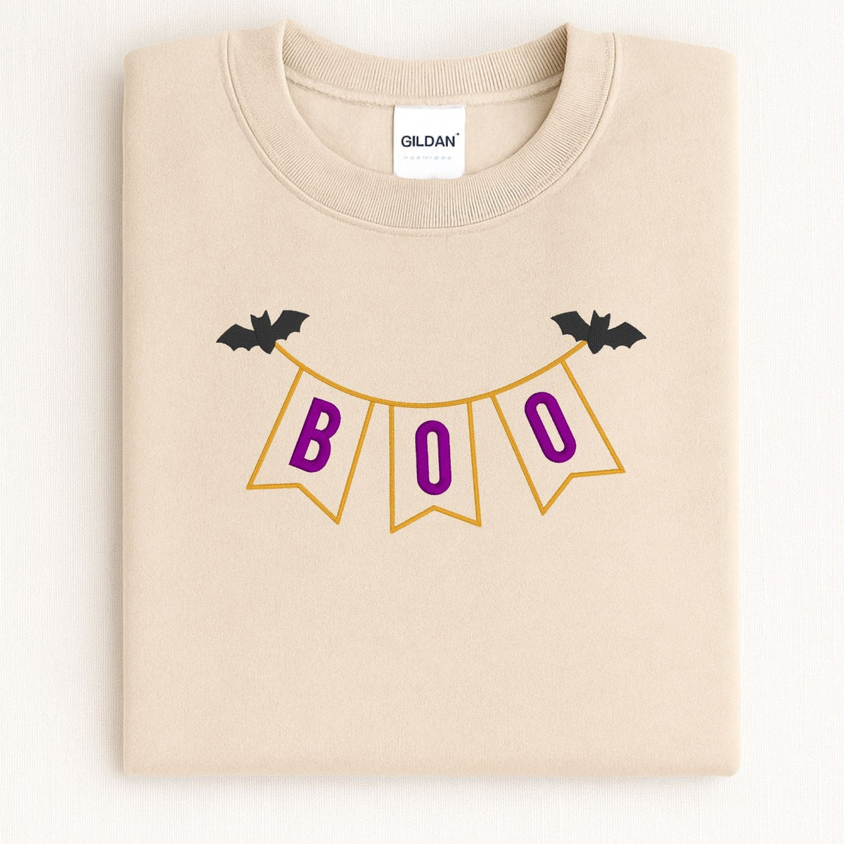 Sand BOO banner applique embroidered sweatshirt flat lay