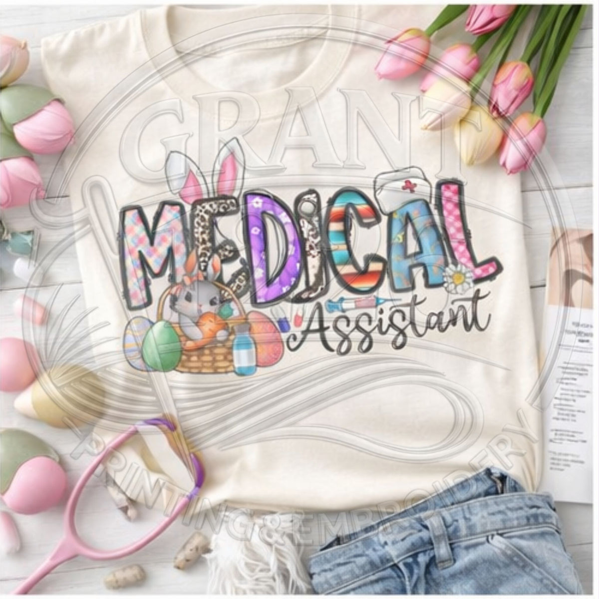 Spring medical assistant Easter shirt flat lay