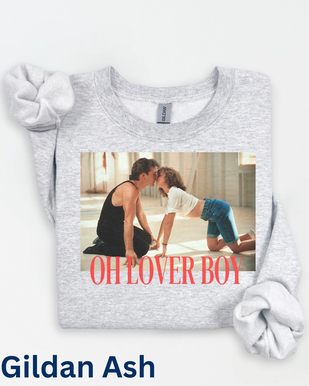 Vintage romance aesthetic sweatshirt on ash grey Gildan crewneck with retro movie inspired print