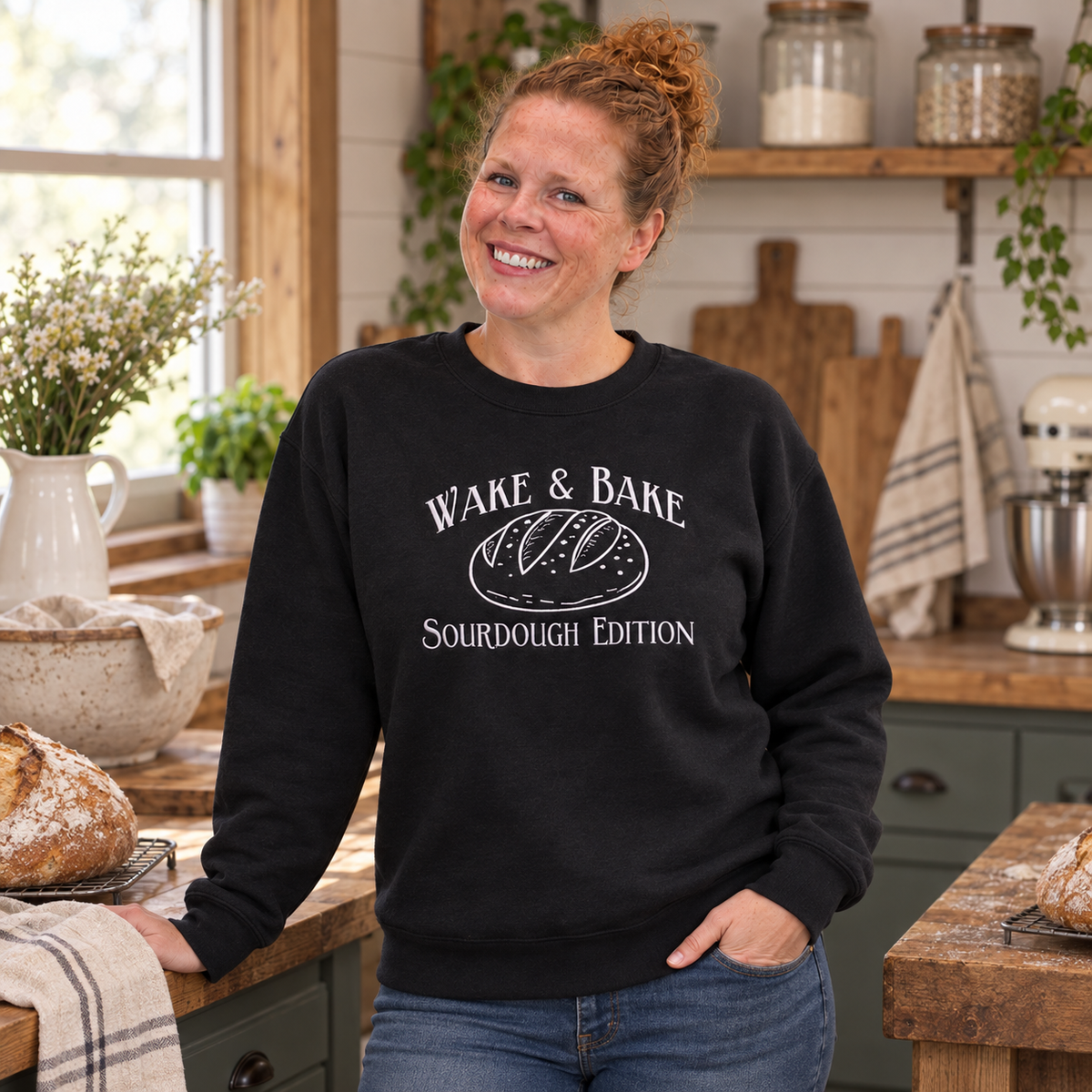 Samantha wearing a Black Wake and Bake Sourdough Edition embroidered sweatshirt