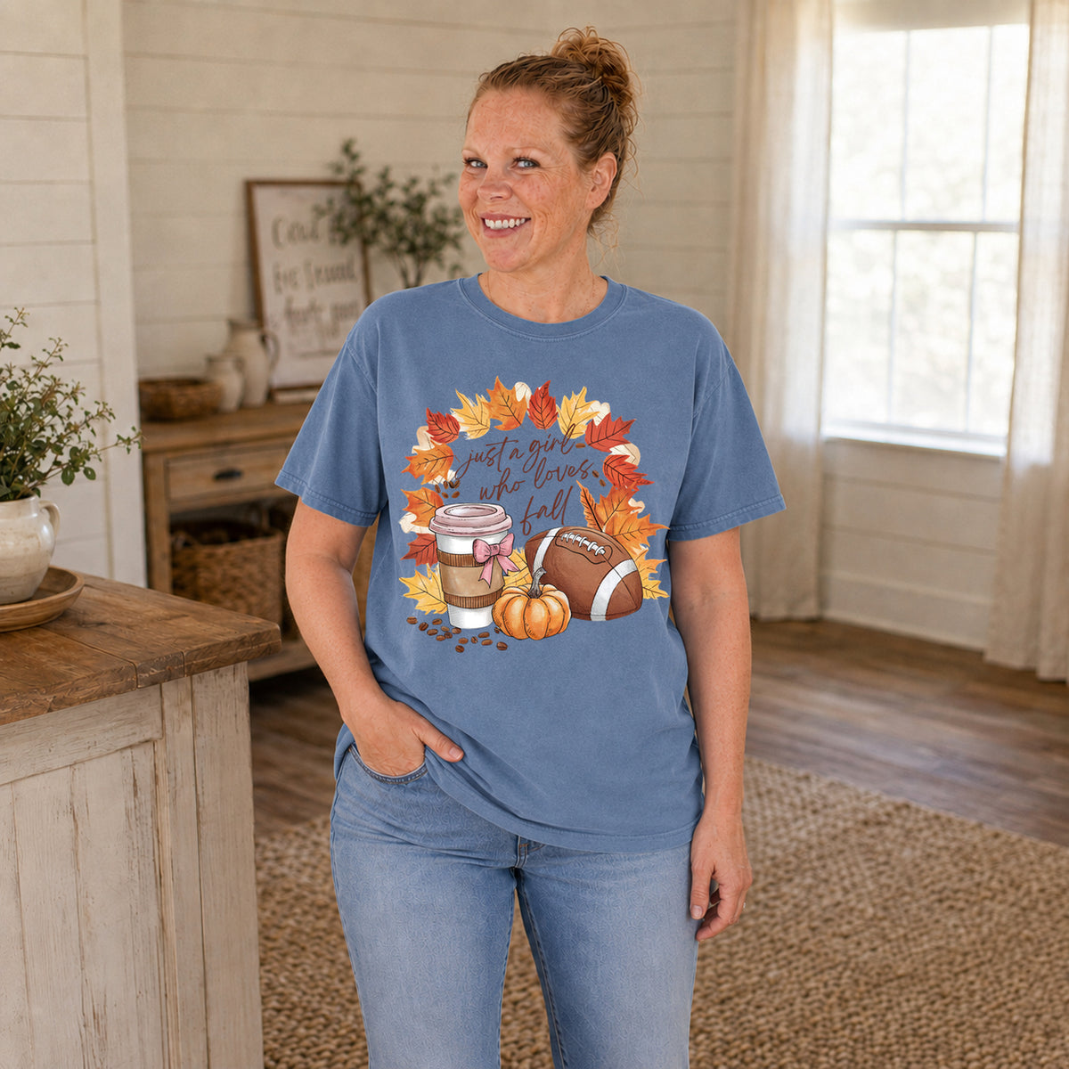 Blue Jean Comfort Colors women's fall football shirt with coffee cup, pumpkin and leaves