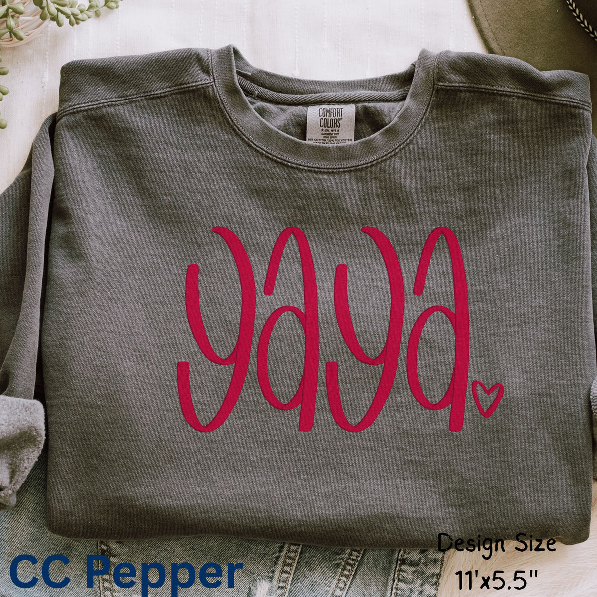 Gray sweatshirt with 'Yaya' in pink embroidery