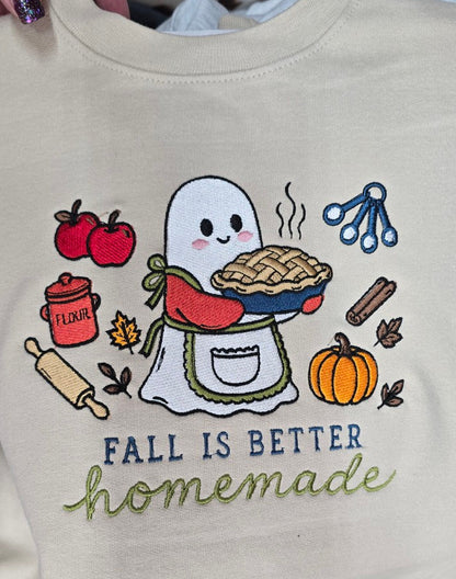 Real 5 by 7 inch Fall Is Better Homemade ghost baker embroidery on a Sand crewneck
