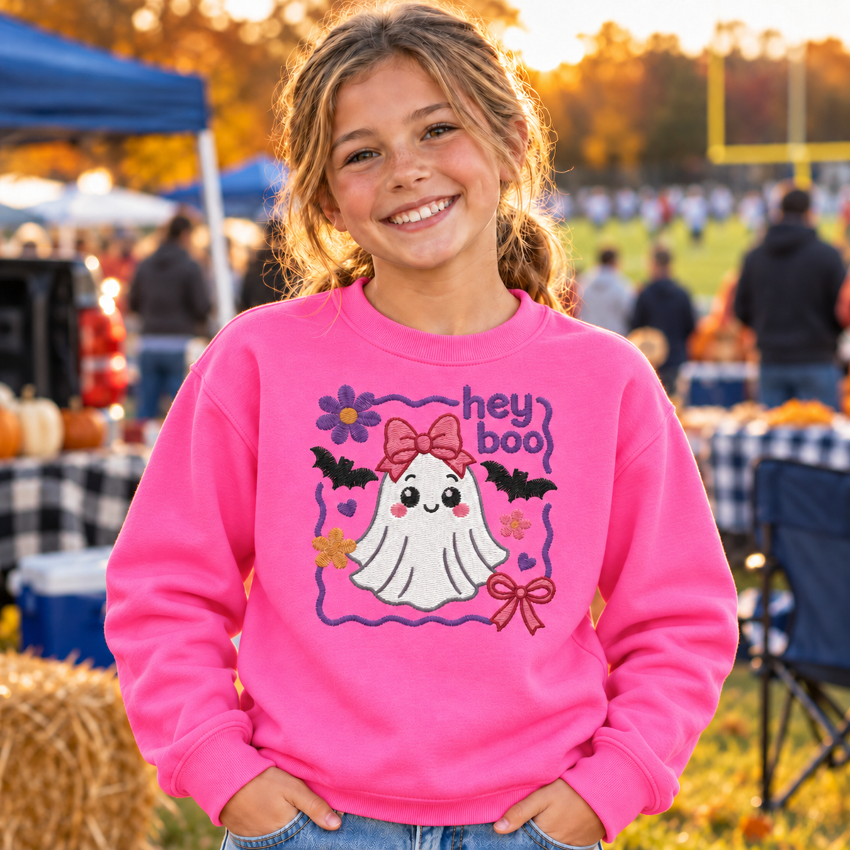 Youth girl wearing a Safety Pink Hey Boo embroidered Halloween sweatshirt