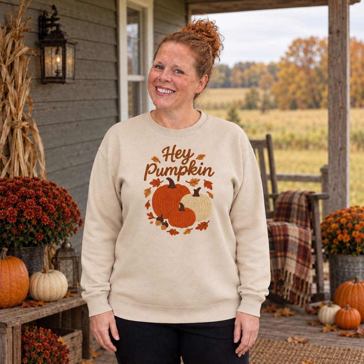 Samantha wearing a Sand Hey Pumpkin embroidered sweatshirt on a rustic fall porch