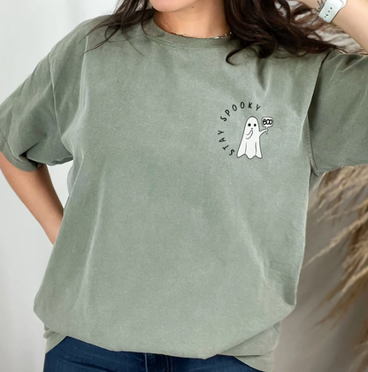 Stay Spooky ghost left-chest embroidery on Sage Comfort Colors 1717 Halloween T-shirt