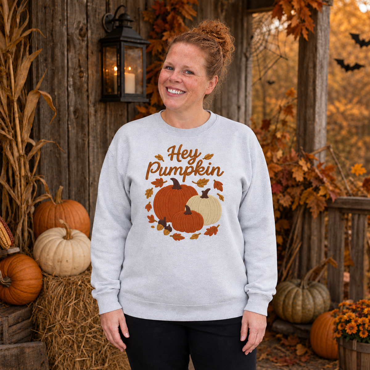 Samantha wearing an Ash Hey Pumpkin embroidered sweatshirt in a Halloween harvest setting