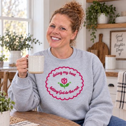 Doing My Best Christian embroidery on ash Gildan Softstyle sweatshirt with coffee