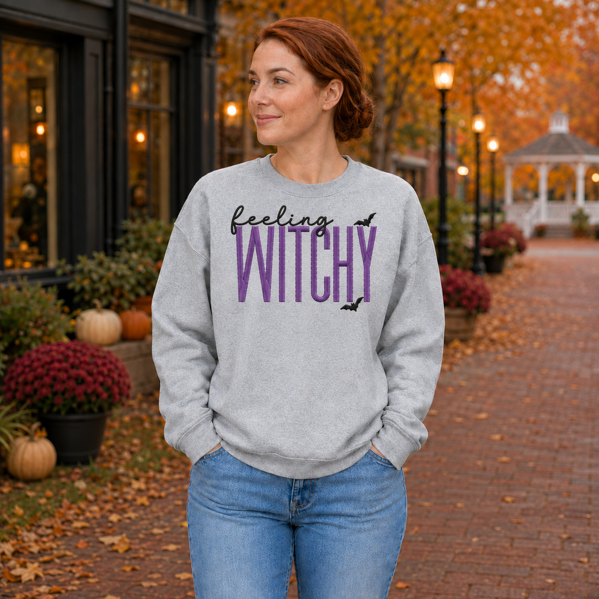 Woman wearing Sport Grey purple Feeling Witchy embroidered crewneck