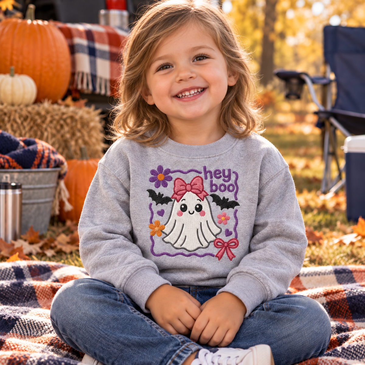Toddler girl wearing a Heather Hey Boo ghost embroidered Halloween sweatshirt