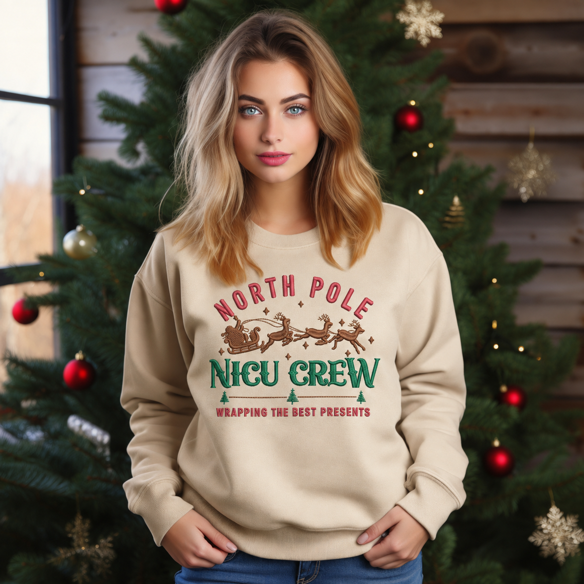 North Pole NICU Crew embroidered sweatshirt in Sand on a woman by a Christmas tree