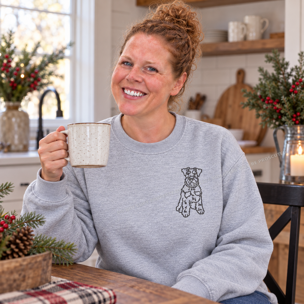 Schnauzer left chest embroidery on ash Gildan Softstyle sweatshirt with coffee