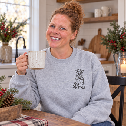 Schnauzer left chest embroidery on ash Gildan Softstyle sweatshirt with coffee