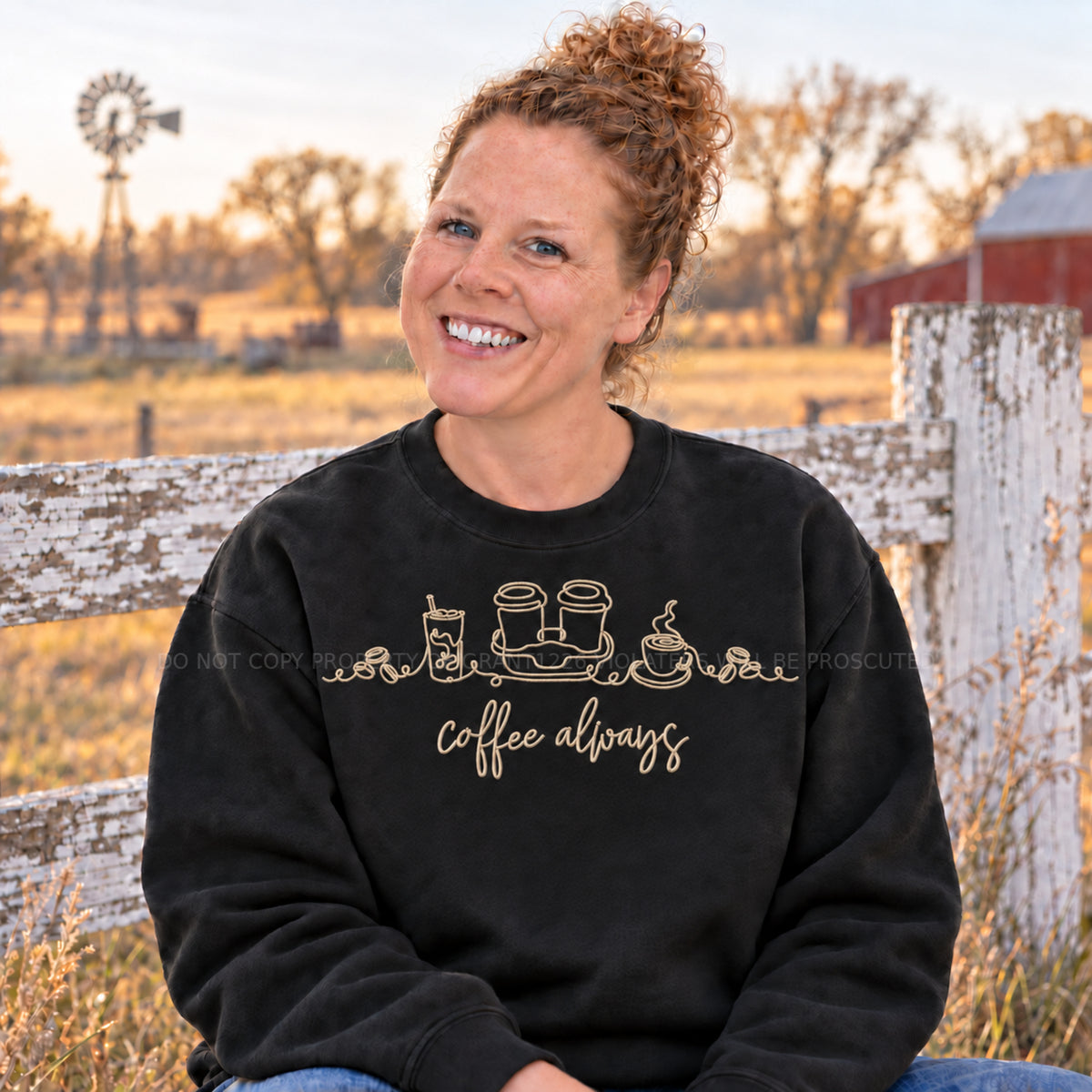 Black Coffee Always embroidered Gildan Softstyle sweatshirt modeled at a Southeast Kansas farm