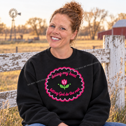 Doing My Best letting God do the rest embroidered black sweatshirt on a farm
