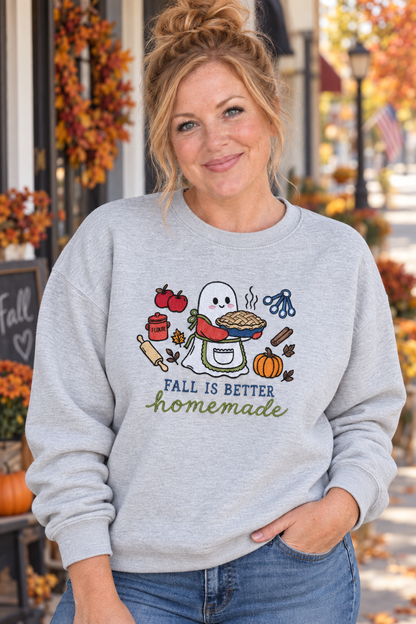 Woman wearing a Sport Grey Fall Is Better Homemade embroidered ghost baker sweatshirt