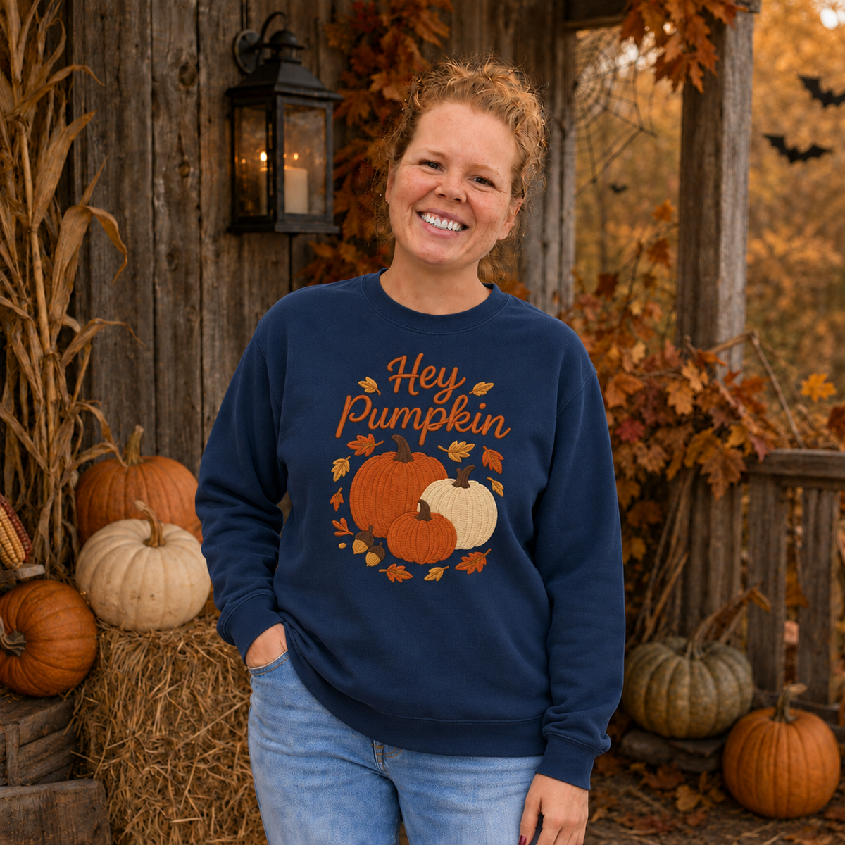 Samantha wearing a Navy Hey Pumpkin embroidered sweatshirt in a rustic Halloween harvest setting