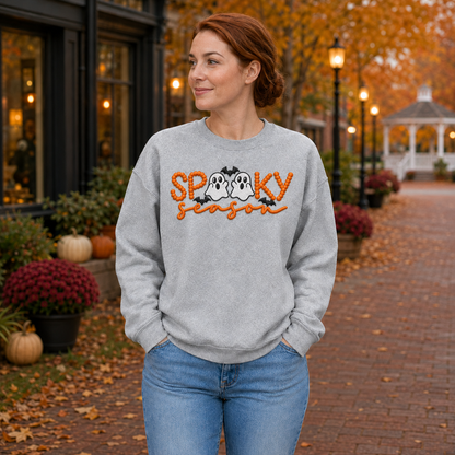 Adult sport grey embroidered Halloween sweatshirt featuring two ghosts and Spooky Season lettering