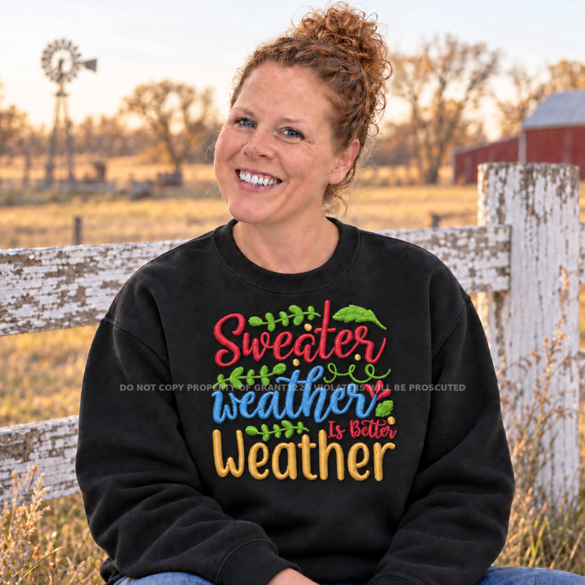 Black Sweater Weather Is Better Weather embroidered fall sweatshirt modeled at a Southeast Kansas farm