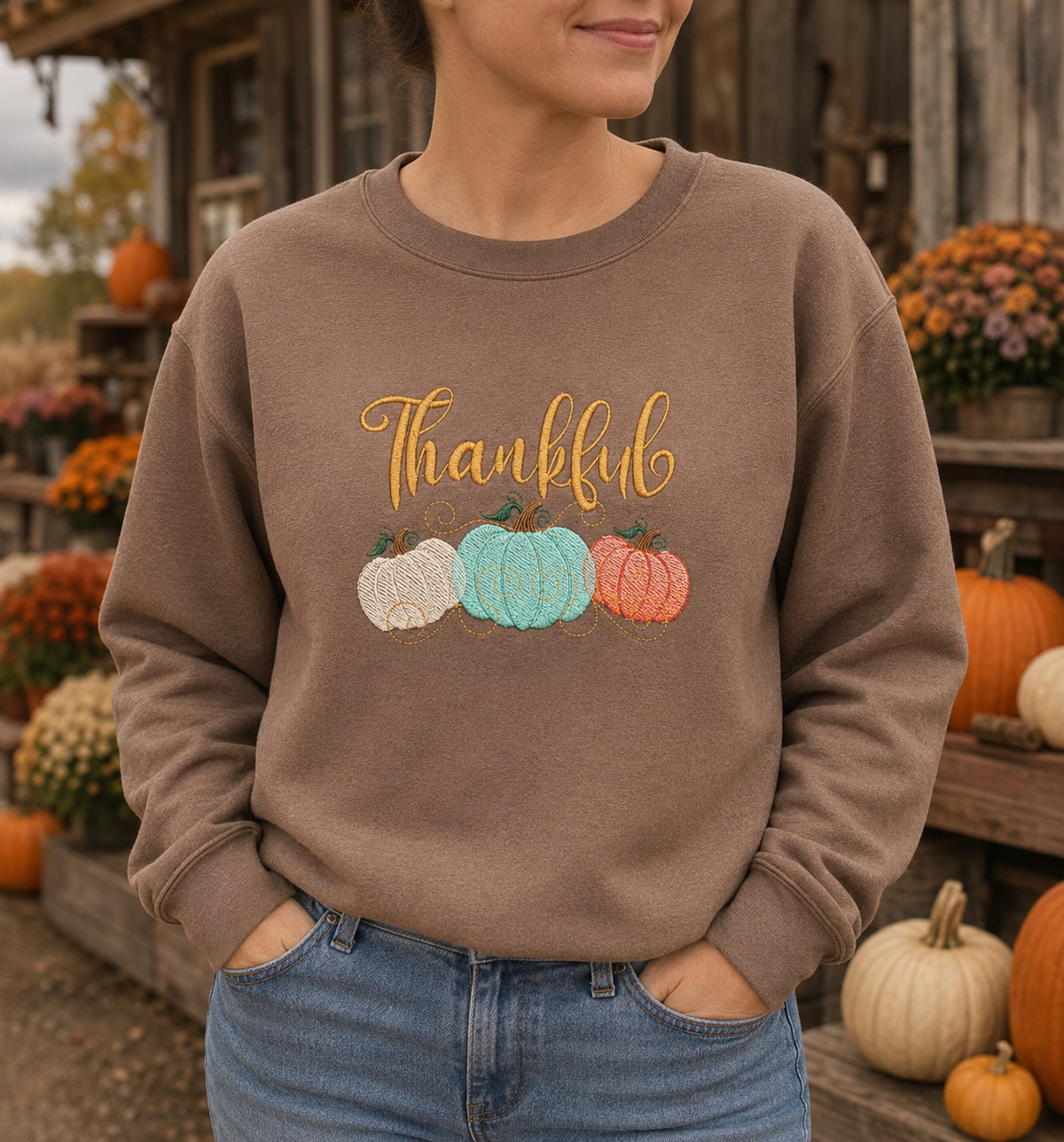 Thankful pumpkin embroidered Gildan Softstyle sweatshirt in Brown Savanna at a fall farmstand
